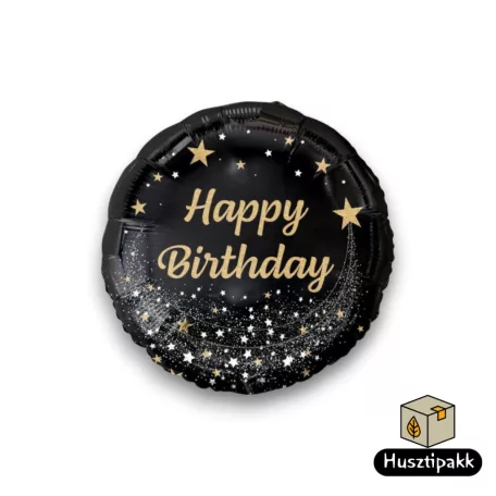 Fólia lufi - Happy Birthday - Fekete, csillag 36cm
