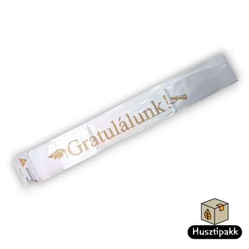 Vállszalag Gratulálunk felirat, fehér-arany 1,6mx9,5cm