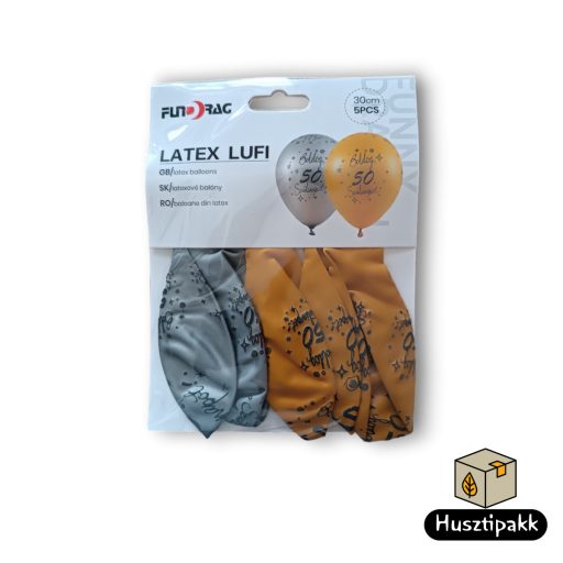 Latex lufi, számos szülinapi 50, arany-ezüst,  30cm 6db