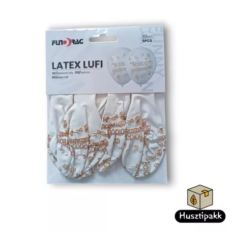 Latex lufi boldog születésnapot! felirat, fehér alapon arany 30cm 5db