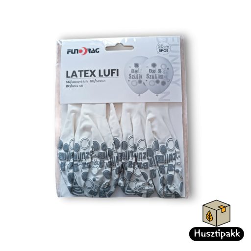 Latex lufi boldog születésnapot! felirat, fehér alapon ezüst 30cm 5db