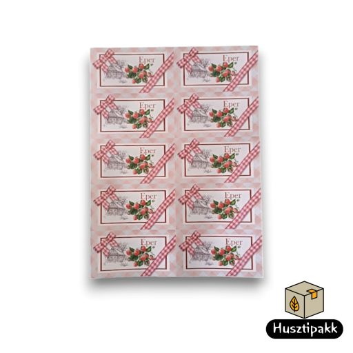 Címke négyzet alakú, Eper, piros kockás masnis 8,5x4,5cm 10db/ív