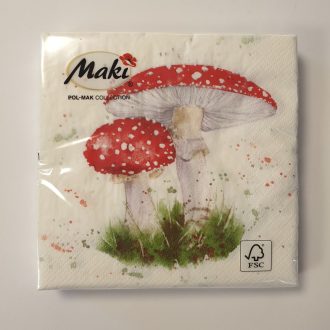 Szalvéta mintás - Őszi, fehér alapon piros fejű gombák 33x33 20db   Szalvéta mintás - Őszi, fehér alapon piros fejű gombák 33x33 20db