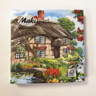 Szalvéta mintás - nádfedeles ház virágzó kerttel 33x33cm 20db   Szalvéta mintás - nádfedeles ház virágzó kerttel 33x33cm 20db