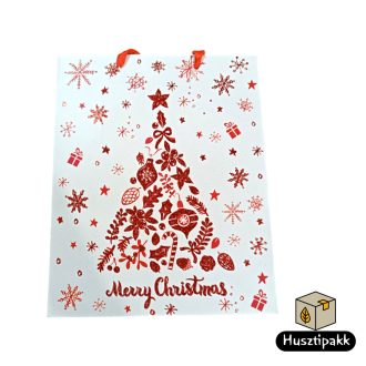   Ajándéktáska - Karácsonyi, Piros, csillogó karácsonyfa, fehér háttér 26x31cm
