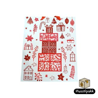   Ajándéktáska - Karácsonyi, Piros, csillogó ajándékok, fehér háttér 26x31cm