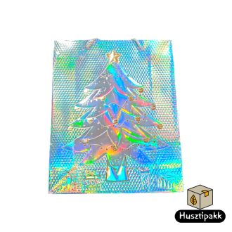   Ajándéktáska - Karácsonyi, Ezüst, csillámló, karácsonyfa 26x31cm