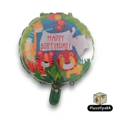   Fólia lufi - Vidám állatok, Ororszlán, elefánt, tigris, majom, Happy Birthday felirat, 45cm
