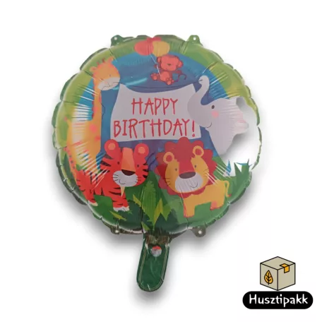 Fólia lufi - Vidám állatok, Ororszlán, elefánt, tigris, majom, Happy Birthday felirat, 45cm