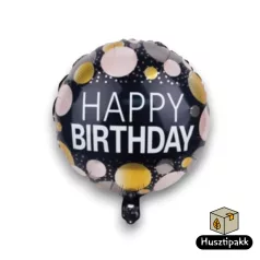   Fólia lufi - Happy Birthday - Fekete, Kerek, Arany pöttyök, 45cm