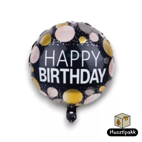 Fólia lufi - Happy Birthday - Fekete, Kerek, Arany pöttyök, 45cm