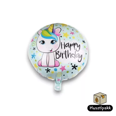 Fólia lufi - Happy Birthday - Mosolygós Unikornis, zöld háttér 45cm