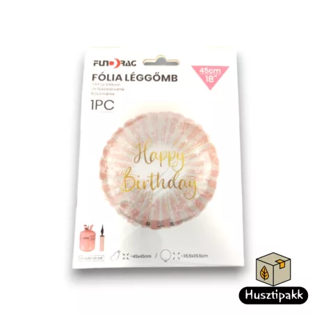 Fólia lufi - Happy Birthday - Rózsaszín-fehér csíkos, csillagokkal 45cm