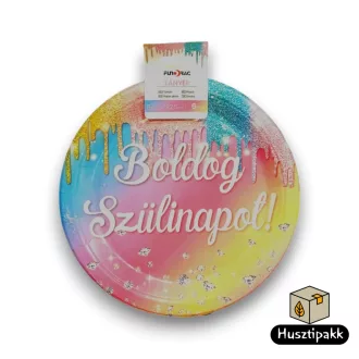   Papírtányér, Boldog Szülinapot! felirat, Szivárványos-gyémántok 22,5cm 6db