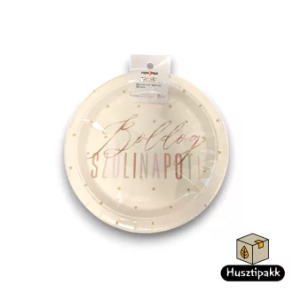   Papírtányér, Boldog születénapot felirat, fehér alapon barna pöttyök 22,5cm 6db