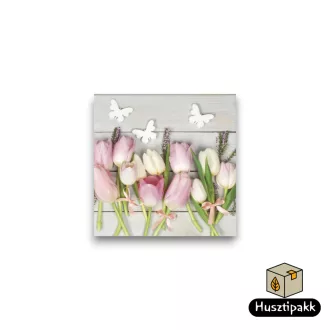   Szalvéta mintás - Fehér & Rózsaszín tulipánok fa mintán, 20db 33x33cm