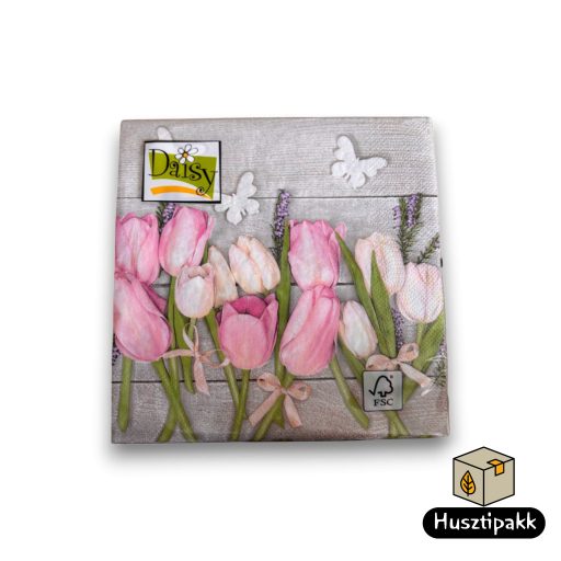 Szalvéta mintás - Fehér & Rózsaszín tulipánok fa mintán, 20db 33x33cm