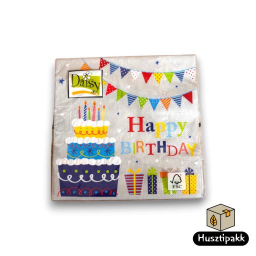 Szalvéta mintás, szülinapi torta ajándékokkal és füzérek 20db 33x33cm